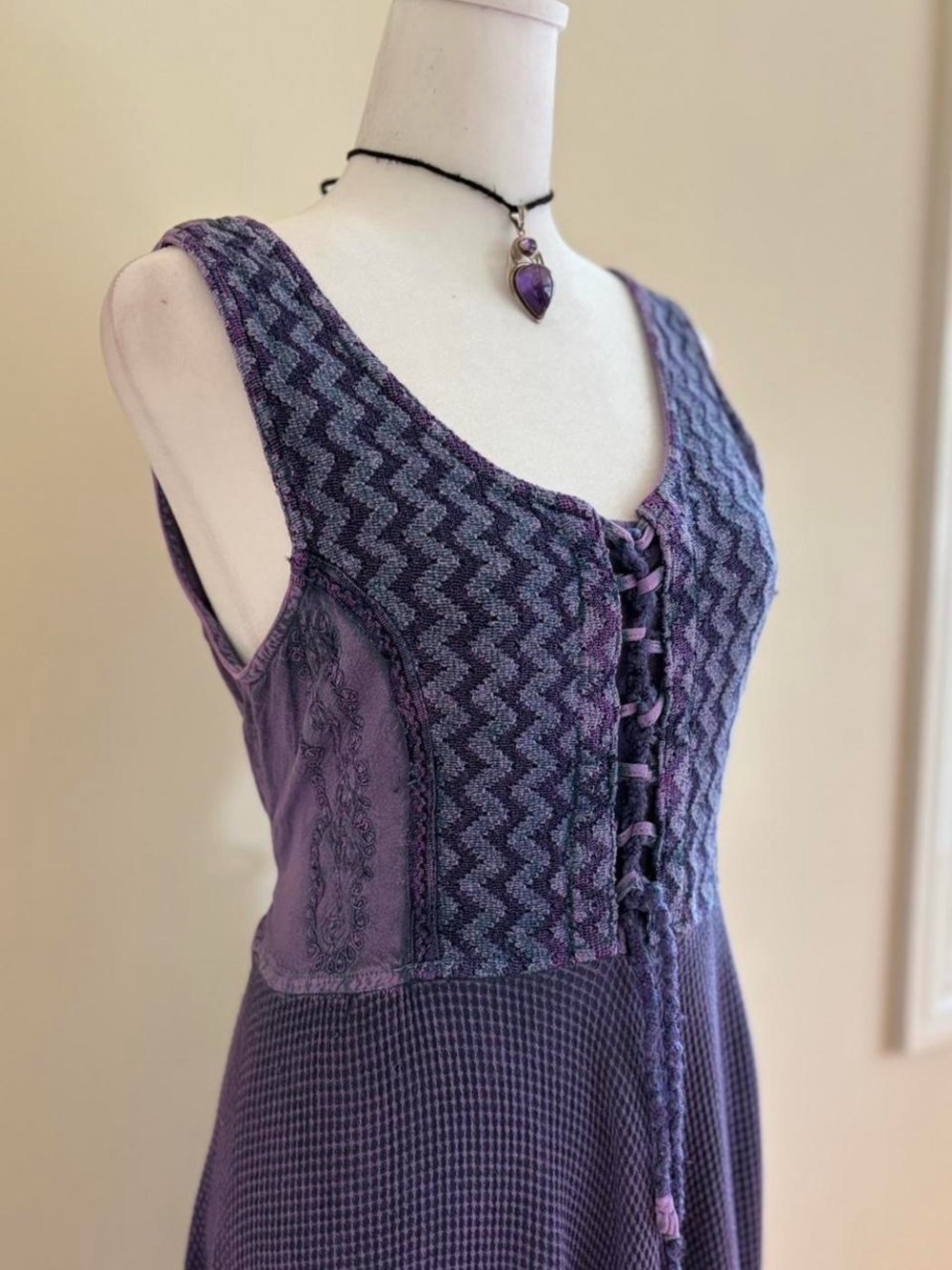 Vintage boho fairy corset dress floral paisley embroidered purple midi 90s Y2K - Picture 3 of 11